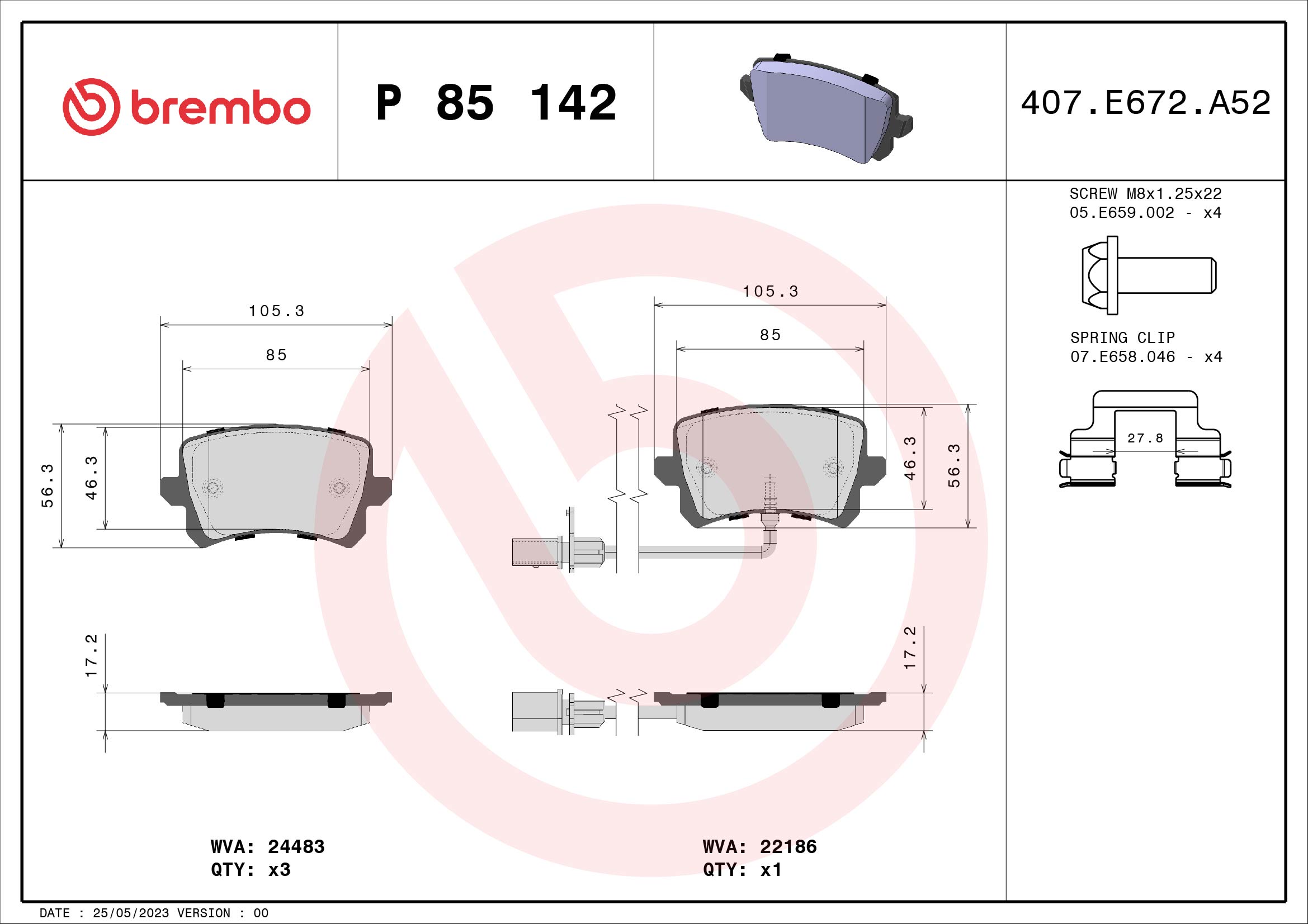 A.B.S. P 85 142 BREMBO Bremsbelagsatz, Scheibenbremse